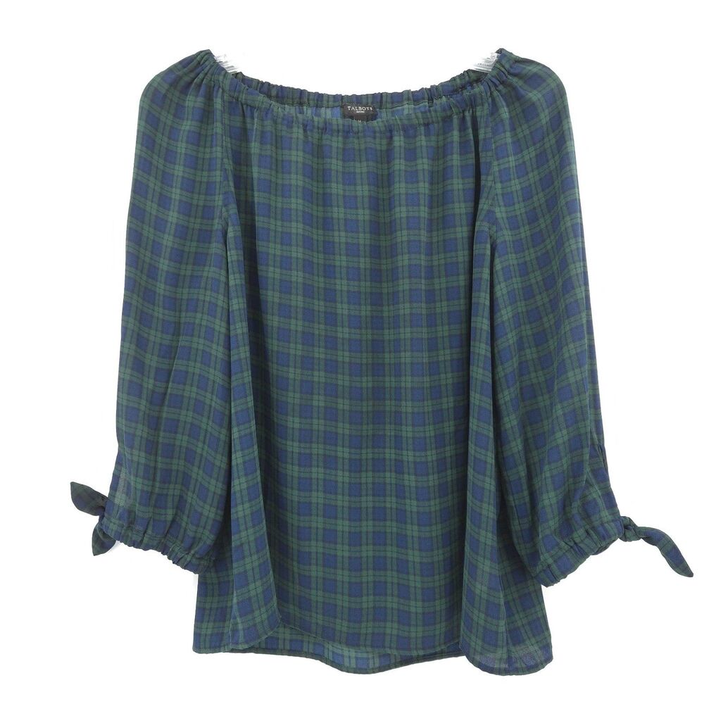 Talbots tartan blackwatch plaid chiffon top Size Mp‎ black green holiday blouse
